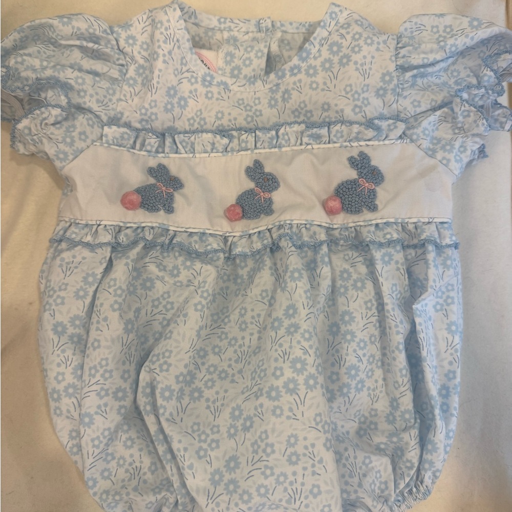Southern Smocked Floral Baby Romper with Bunny Embroidery